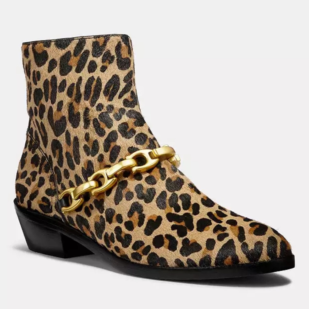 COACH ALLEN BOOTIE-Leopard Print Ankle Boots with Gold Chain